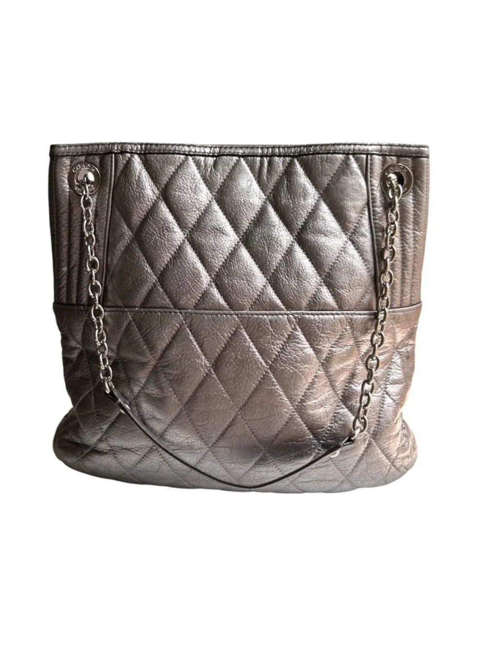 Coach Poppy 19854 Slim Leather Quilted Metallic Platinum Shoulder Tote